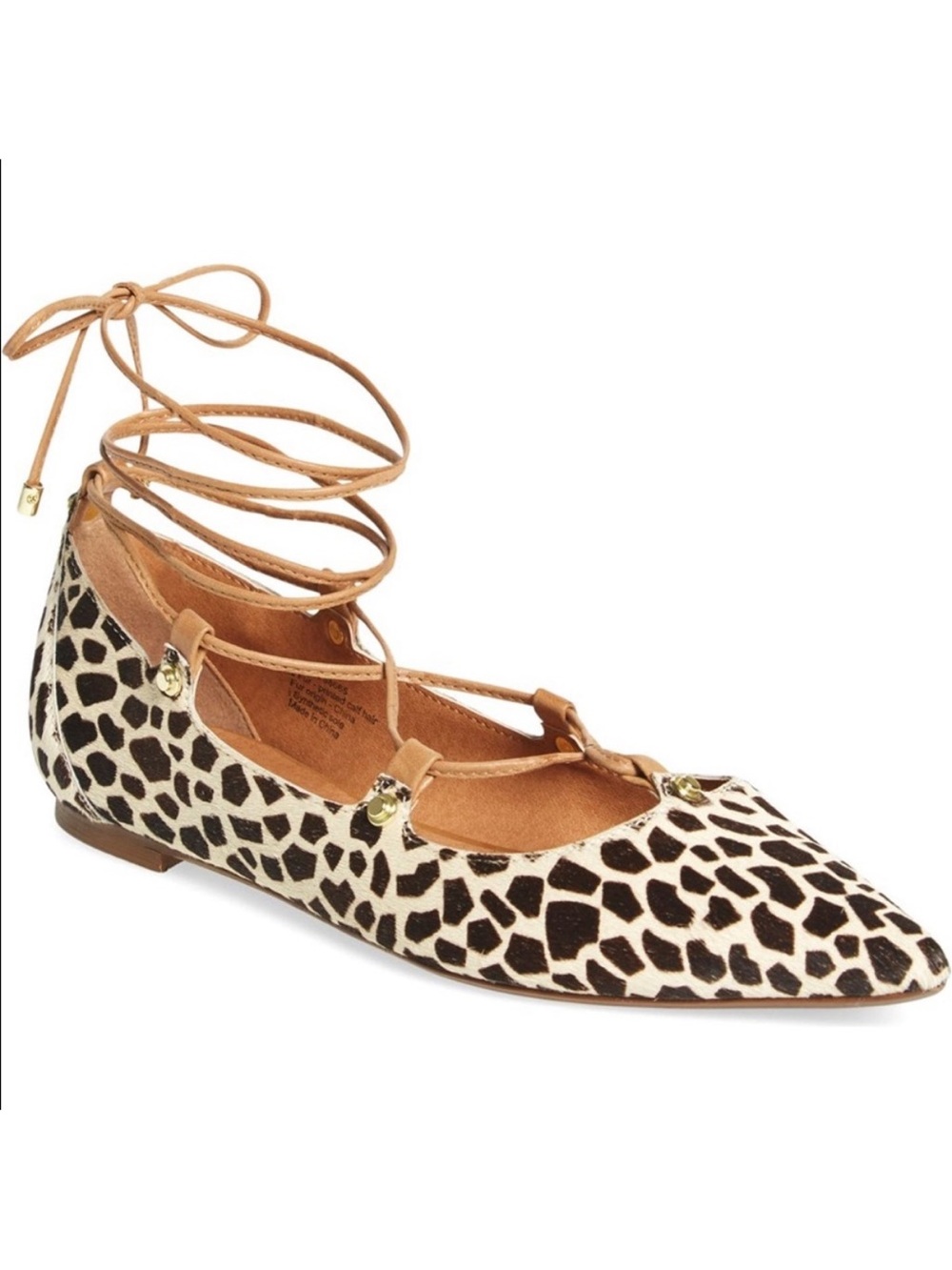 Halogen Owen Pointy Toe Ghillie Flats Giraffe lace up brown black calf hair 7